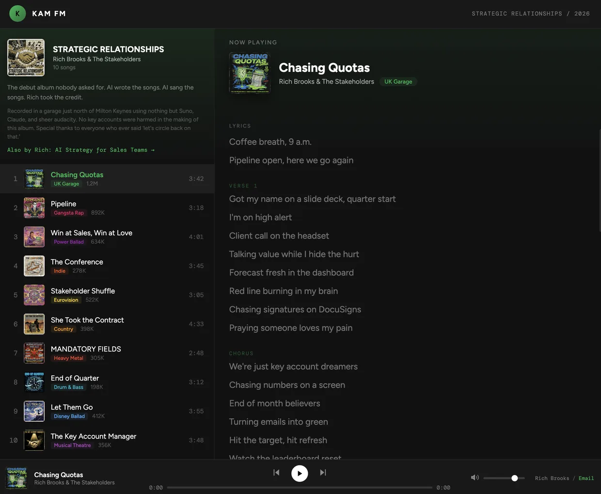 The kam.fm player: the ten-track listing on the left, Chasing Quotas playing with its lyrics scrolling on the right